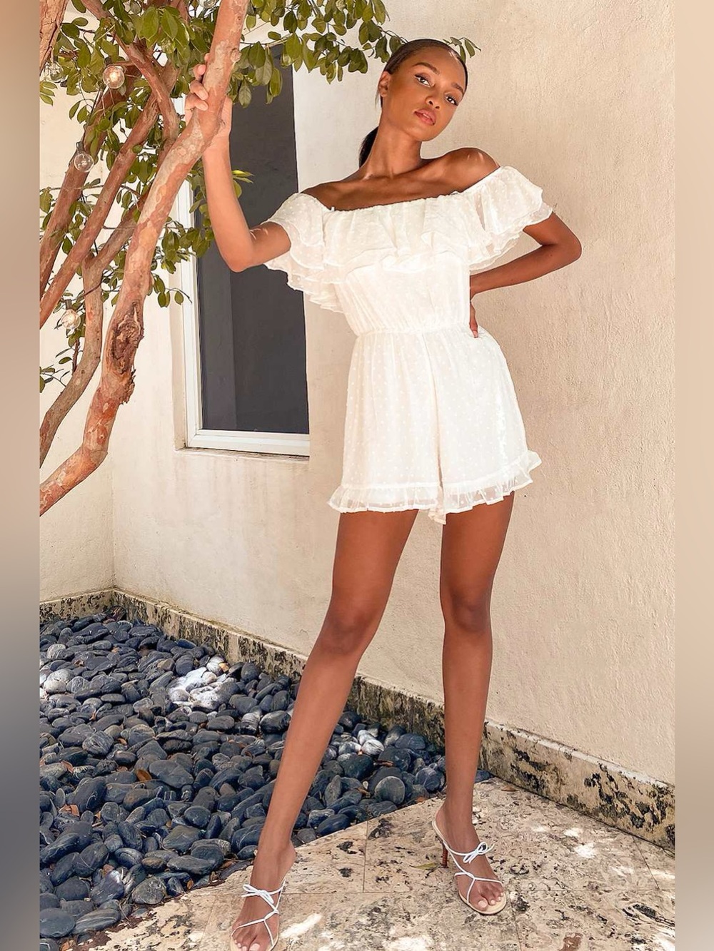 NWT Lulus Frilled to Bits White Swiss Dot Off-the-Shoulder Romper XS